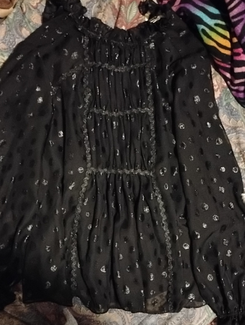 Max Studio - Black Sheer Metallic Polka Dot Long Sleeve Blouse